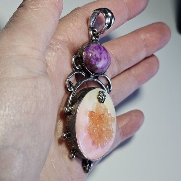 **Sale** Sterling Silver Mother Of Pearl And Purple Semiprecious Gemstone - Picture 4 of 10